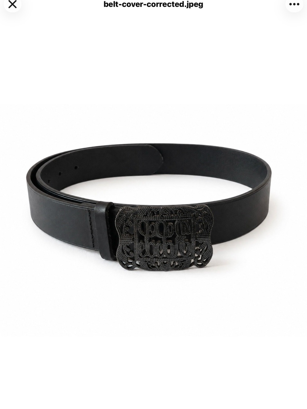 Genuine Leather Black Ornate Filigree Buckle Belt  M